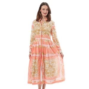 Dizzy Lizzie Tea Length Button Front Scroll Print Cotton Midi Shirtdress Small